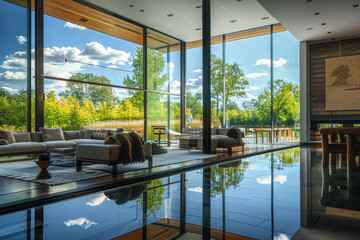 Modern lake house with floor-to-ceiling windows and a reflective glass facade, capturing the serene environment on a sunny day.