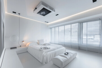 Modern white master bedroom with a ceiling-mounted projector for nighttime viewing, minimalist furniture, and blackout blinds.