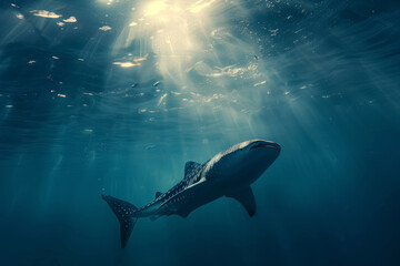 Fototapeta premium Lone Whale Shark in Sunlit Ocean Depths