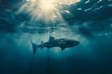 Lone Whale Shark in Sunlit Ocean Depths