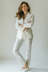 Gorgeous argentine woman posing in elegant business attire for a full-body portrait