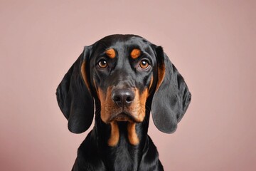 Portrait of Black and Tan Coonhound dog looking at camera, copy space. Studio shot.