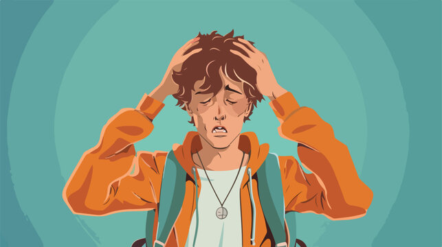 Stressed male student with big head on color background