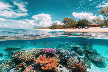 Fototapeta premium Split View of Sandy Beach and Coral Reef
