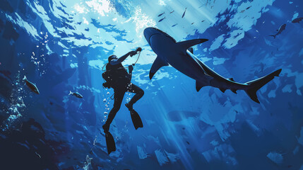 Marine Biologist Tagging Shark Underwater Scene