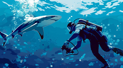 Marine Biologist Tagging Shark Underwater Scene