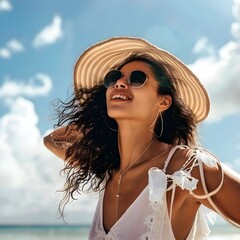  Woman in hat and sunglasses on beach. Vector art of a stylish lady enjoying the sun