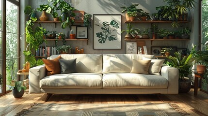 A chic interior boasts a design boucle sofa, a mock-up poster, shelves adorned with plants, and personalized decor elements. 