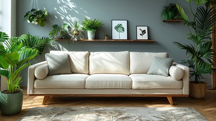 A chic living room features a design boucle sofa, a captivating mock-up poster, plant-filled shelves, and personalized decor. 