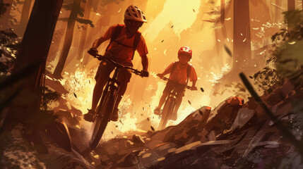 Fototapeta premium Father and Son Mountain Biking Adventure Illustration