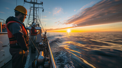 Scientists Studying Ocean Pollution at Sunset.