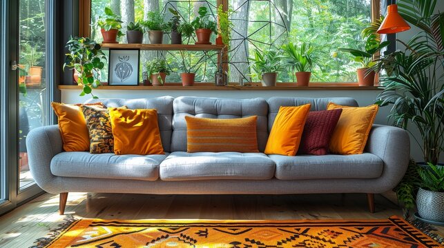 A colorful living room features a design boucle sofa, a mock-up poster, plant-filled shelves, and personal decorative touche 