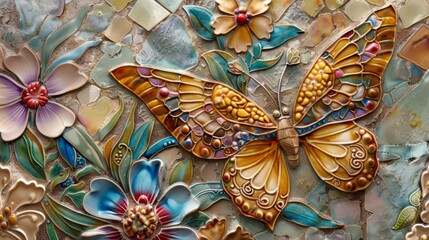 Watch as the sunlight dances off the intricate patterns and glazes of a detailed ceramic butterfly and flower mosaic..