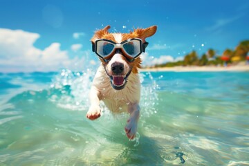 A dog is running in the ocean wearing goggles. The dog is happy and enjoying the water. The scene is bright and cheerful, with the sun shining down on the water and the dog