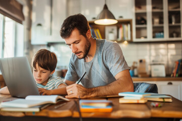 Father Assisting Child with Homework Indoors
