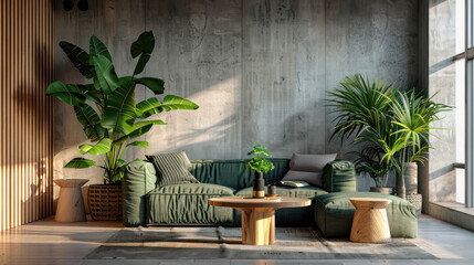 Lighting and sunny living room Interior with a green sofa, coffee table and houseplants.