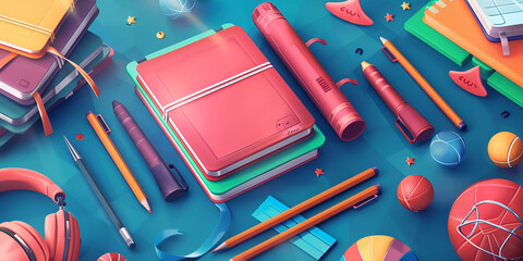 Top view of back to school supplies & equipment on dark background space for text