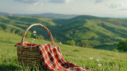 On green grass, a picnic basket against the backdrop of the landscape. A backdrop for relaxing and...
