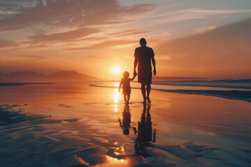 Father and Child Silhouette at Sunset Beach