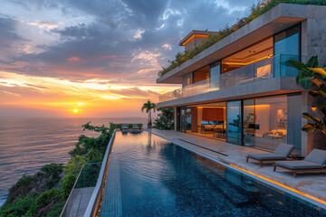 A modern luxury mansion with an infinity pool overlooking the sea at sunset in Phuket. Cretead with Ai