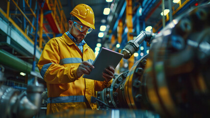 Maintenance engineer using digital tablet checking up on factory engines parts at modern factory.