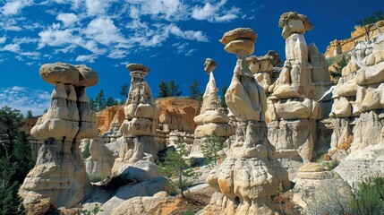 A group of hoodoos towering spires of rock formed by the gradual erosion of softer layers of sedimentary rock..