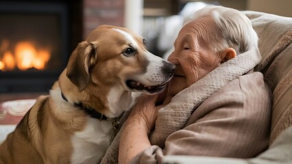 person with dog, A heartwarming moment of a dog tenderly nuzzling its elderly owner, offering comfort and companionship.