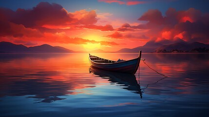 As daylight fades, the sky is set ablaze with the fiery hues of sunset, casting a tranquil glow over the solitary boat anchored by the gentle waves - Powered by Adobe