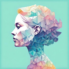 A profile view of a pastel-colored fractal geometric face of an illustrated woman