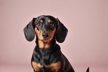 Portrait of Dachshund dog looking at camera, copy space. Studio shot.