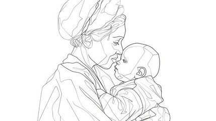 One single line drawing of a midwife holding toddler International Day of the Midwife