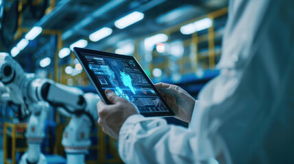 Manager technical industrial engineer using digital tablet control automation robot arms machine industrial factory.