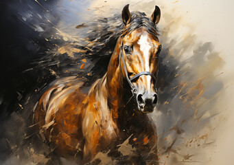 Gold Horse Abstract Oil Painting - Wall Art, Knife Paint Mural, Large Strokes, Spots, Textured Canvas