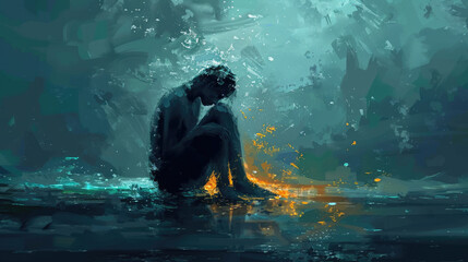 A solitary figure sits alone, enveloped in sorrow and loss, depicting a deep emotional state of grief and isolation.