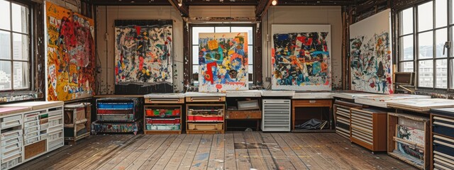 Obraz premium Artist Studio with Sustainable Paintings Using Biodegradable Materials