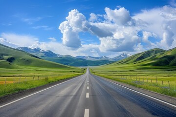 Naklejka premium Highway landscape at colorful sunset in summer. Mountain road landscape at dusk. Beautiful nature scenery in green mountains. Travel landscape for summer vacation on highway. High quality photo