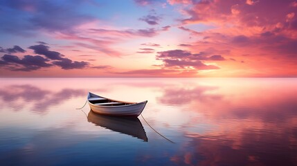 As evening descends, the sky is painted in soft pastel tones, casting a tranquil glow over the solitary boat anchored by the serene coastline