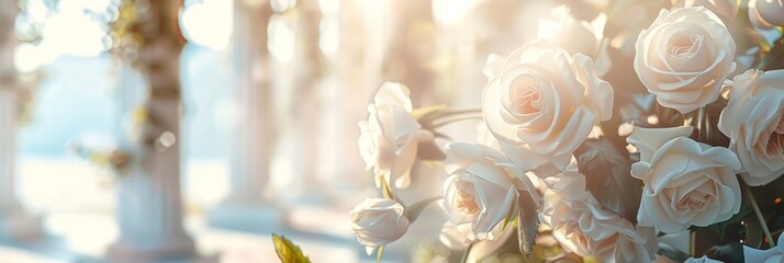 White Flowers Closeup on Blurred Columns Background, Macro Rose, Early Morning in Greece