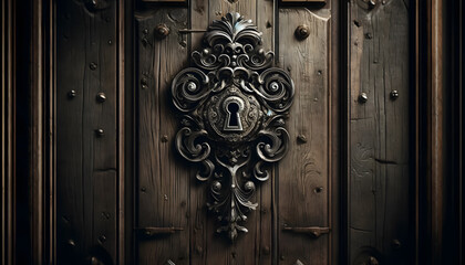 an ancient wooden door with a large, ornate iron keyhole at its center, appearing aged and weathered