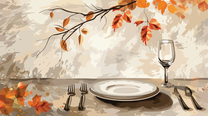 Stylish table setting and branch on light background