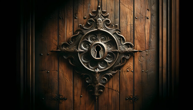 an ancient wooden door with a large, ornate iron keyhole at its center, appearing aged and weathered