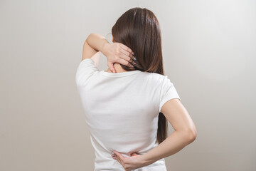 Pain body muscles stiff problem, asian young woman, girl painful with back, neck ache from work...