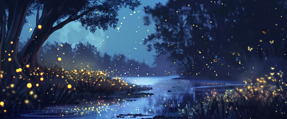 Liquid fireflies dance in the moonlight, painting the world with their soft, radiant glow.
