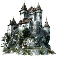 Golden castle atop a mountain with a tower, a majestic 3D illustration on a transparent background
