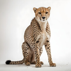 A cheetah is walking on a white background.