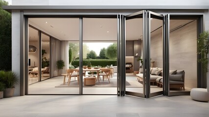  A photorealistic depiction of an aluminum folding door leading to a terrace. The image captures the details of the door's texture, material, and functionality, showcasing it as a seamless part of the