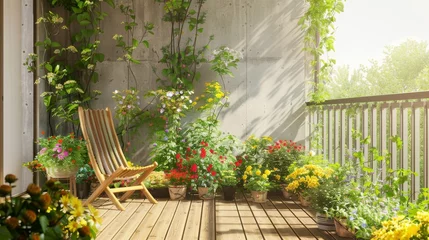  Sunny balcony retreat with lush flowers and a relaxing wooden chair © Georgii