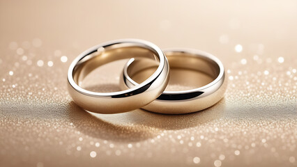 Two gold wedding rings on a beige background with bokeh