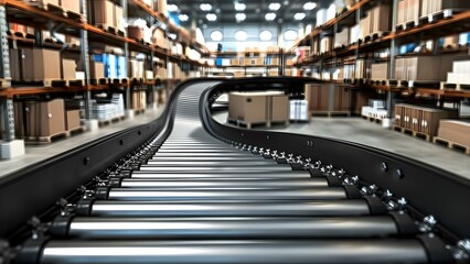 Sorting belt in warehouse for distribution moving items efficiently for shipping. Concept Warehouse Operations, Sorting Efficiency, Shipping Logistics, Distribution Systems, Inventory Management