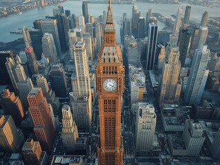 A cityscape with a large clock tower in the center. The clock tower is surrounded by tall buildings and the city appears to be bustling with activity